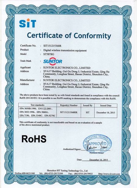 China SUNTOR ELECTRONICS CO.,LIMITED certificaciones